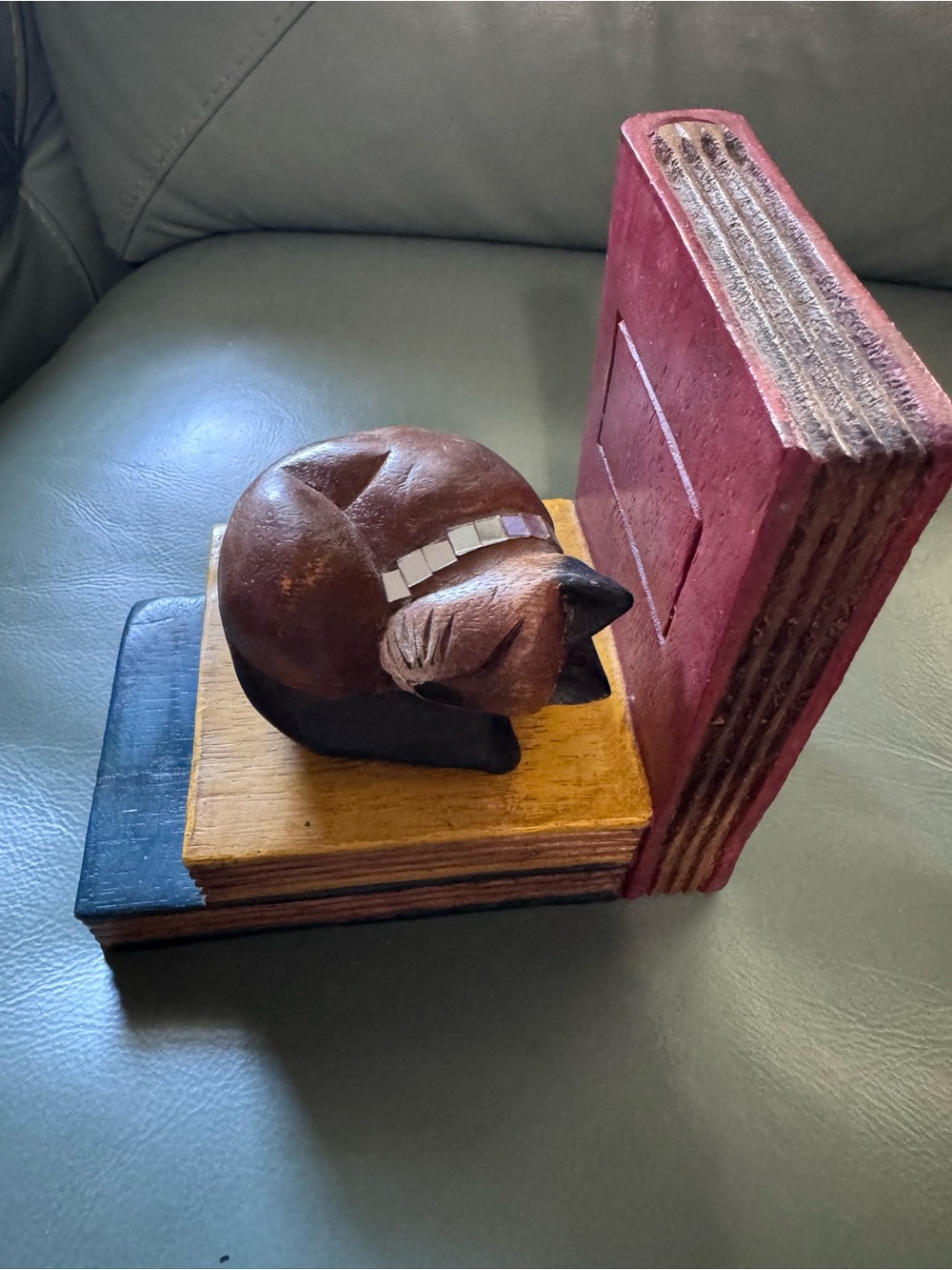 Sleeping Brown Cat Bookend with Red and Yellow Accents w/Bling collar